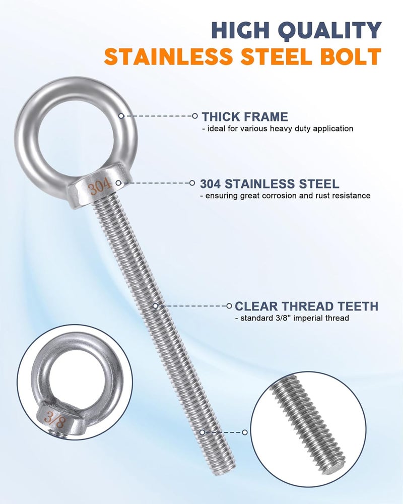 moroinriz Eye Bolt with Nuts 3/8'' x 4'' (4 Pack), Imperial, Heavy Duty Stainless Steel 3/8-16 Long Eye Bolts, Bonus Drill Bit Included - Image 3